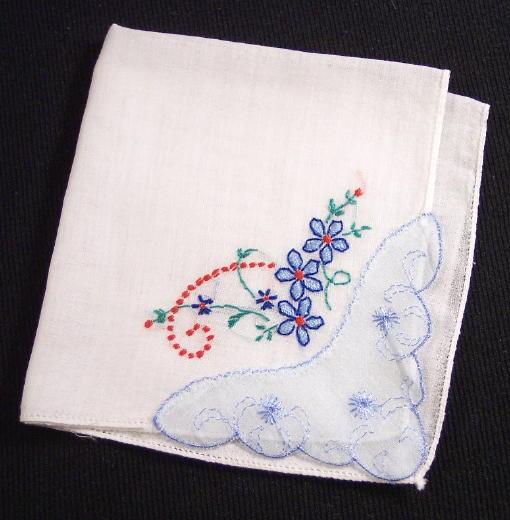 Sweet and Petite Vintage Hankie Blue Eyelet Corner, Embroidery