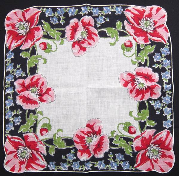 Pink Poppies and Blue Bells Vivid Vintage Cotton Hankie - Click Image to Close