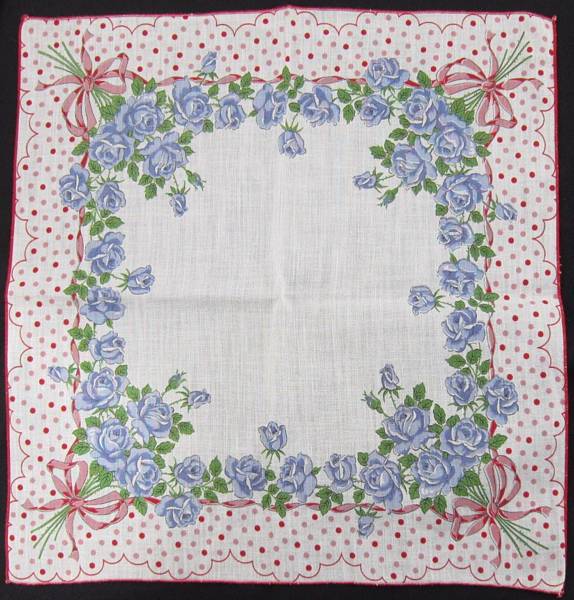 Blue Roses and Red Polka Dots Vintage Hankie