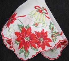 Poinsettias and Bell Large Fancy Vintage Christmas Hankie