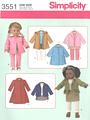 Simplicity Doll Clothes, Coats for 18 Inch Dolls Pattern 3551